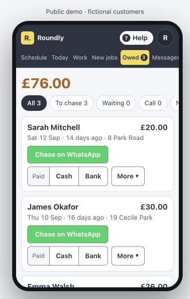 Roundly public demonstration showing unpaid window cleans and payment reminder controls, with fictional customers.