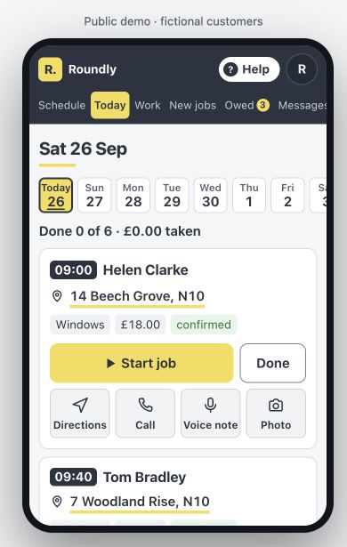 Roundly public demonstration showing a day's window cleaning visits, prices and Done buttons, with fictional customers.